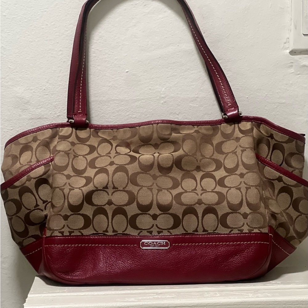 Coach Red and Tan Signature Shoulder Bag